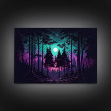 Cargar imagen en el visor de la galería, Fantasy forest art, full moon visible through the trees, framed canvas print, framed wall art