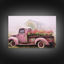 Carregar imagem no visualizador da galeria, Framed Picture of old truck with beautiful flowers in bed of truck, farmhouse living, old barn, farmhouse distressed, framed canvas print