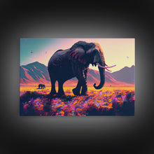 Load image into Gallery viewer, Elephants of Africa, Vibrant and colorful landscape, vaporwave, framed canvas print