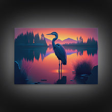 Carregar imagem no visualizador da galeria, A stork standing in a calm lake at sunset, framed canvas print