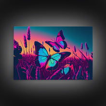 Load image into Gallery viewer, Beautiful turquoise butterfly art, vaporwave aesthetic pastel art, framed canvas print, synthwave art