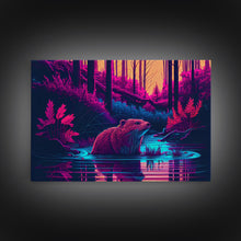 Load image into Gallery viewer, Cute beaver in a river, pink vaporwave art, animal prints, framed canvas print, framed wall art