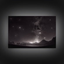 Load image into Gallery viewer, Black and white Watercolor of a starry night sky over a pine forest, framed canvas print