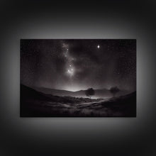 Load image into Gallery viewer, Black and white Watercolor of a starry night sky over the planes of Texas, framed canvas print