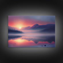Cargar imagen en el visor de la galería, Foggy Sunset Over a Pine Forest and Lake, Fall Tones, Wall Decoration, Framed Canvas Print, cool wall art, minimalist boho wall art