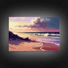 Load image into Gallery viewer, Boho Style Whimsical Beach Art, Framed Canvas Print, Minimalist Modern Farmhouse Decor, Pink Sunset Sky over the beach