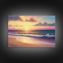 Load image into Gallery viewer, Boho Style Whimsical Beach Art, Framed Canvas Print, Minimalist Modern Farmhouse Decor, Pink Sunset Sky over tide rolling in