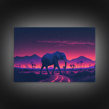 Load image into Gallery viewer, Elephant Art | Framed Canvas Print | Synthwave Style Framed Wall Art | Animal Prints | Elephant Walks Under A Full Moon | Kid's Room Decor