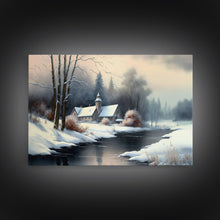 Cargar imagen en el visor de la galería, Snow Covered Landscape Art | Church Art | Framed Canvas Print | Snowy Winter Scene | Boho Minimalist Modern Art
