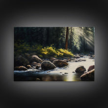 Carregar imagem no visualizador da galeria, A Rocky Stream, Watercolor Art, Serene nature landscape art, framed canvas print, mouth of the river in the morning light wall art