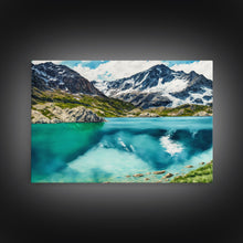 Load image into Gallery viewer, Watercolor painting canvas print of a mountain lake landscape, framed canvas print, framed wall art
