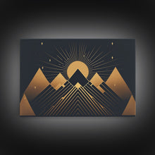 Carregar imagem no visualizador da galeria, Art Deco Style Mountain landscape at Sunset, Framed Canvas Print, Large Format Wall Art, Huge Wall Decor, Black and Gold