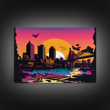 Load image into Gallery viewer, Beautiful Portland, Oregon Retro Synthwave Style Sunset Art, Framed Canvas Print, Pacific Northwest City Art