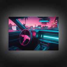 Carregar imagem no visualizador da galeria, Car interior Wall Art | Framed Canvas Print | Living room art | Neon Lights | Outrun Style | Guest room art | Retro art | Beautiful Art
