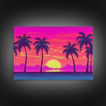 Load image into Gallery viewer, Beach sunset Wall Art, Framed Canvas Print, Colorful painting, Vibrant art, Synthwave Style, Warm Colors, Pop Art style, Tropical art