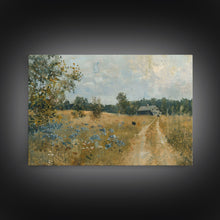 Load image into Gallery viewer, Blue Bonnets and Country Roads, Texas Art, Framed Canvas Print, Wood Frame Art, Metal Art, Metal Wall Art, Primitive Home Decor