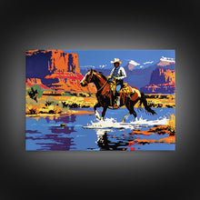 Load image into Gallery viewer, Crossing The Colorado River, Framed Canvas Print, Kitsch Western Wall Art, Colorful Western Painting Original Artwork, Pop Art Painting