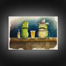 Load image into Gallery viewer, Funny Pickles In A Bar, Watercolor Painting Print, Framed Wall Art, Funny Decor, Kitsch Art, Framed Canvas Pickle Art