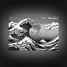 Load image into Gallery viewer, Black and White Wave Canvas Print, Hokusai Inspired Wall Art, Japanese Style Wall Art, Living Room Home Decor, Unique Wall Art