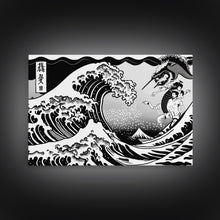Load image into Gallery viewer, Beautiful Black and White Ocean Wave Wall art, Framed Canvas Print, Retro Japanese Inspired Hokusai Style Wave Art