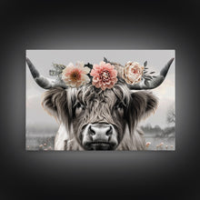 Load image into Gallery viewer, Cute Framed Canvas Wall Art, Cute Cow Wearing Flowers, Farmhouse Decor, Farmhouse Wall At, Extra Large Boho Decor, Minimalist Modern Art