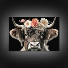 Carregar imagem no visualizador da galeria, Framed Highland Cow With Flowers Painting canvas print Farmhouse art Cattle Wooden background Country wall art Cow print Rustic Wall Art