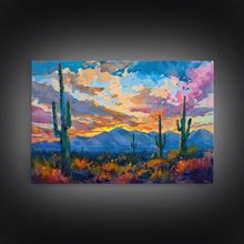 Carregar imagem no visualizador da galeria, Cactus Under A Beautiful Sunset, Pop Art Style, Mid Century Modern Framed Canvas Print or Metal Art, Desert Scene Wall Art, Abstract Desert