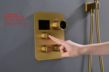 Cargar imagen en el visor de la galería, 12-Inch Brushed Gold Flush Mount Shower Faucet Set: 3-Way Thermostatic Control, 64-Color LED Lights, Bluetooth Music, and Regular Head
