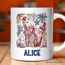 Carregar imagem no visualizador da galeria, Patriotic Statue of Liberty and Fireworks Personalized Mug, Festive 4th of July Gift with Custom Name