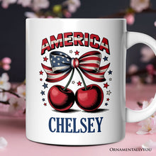 Load image into Gallery viewer, America Coquette Cherries Personalized Mug, Patriotic 4th of July Gift with Custom Name
