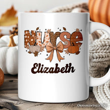 Carregar imagem no visualizador da galeria, Nurse Coquette Autumn Personalized Mug, Cozy Fall Pumpkins Gift with Custom Name