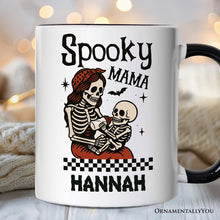 Carregar imagem no visualizador da galeria, Spooky Mama Skeleton Halloween Personalized Mug, Momster Retro Checkered Gift with Custom Name