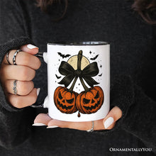 Carregar imagem no visualizador da galeria, Pumpkin Cherries Coquette Bow Personalized Mug, Retro Halloween Gift with Custom Name