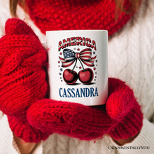 Load image into Gallery viewer, America Coquette Cherries Personalized Mug, Patriotic 4th of July Gift with Custom Name