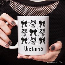 Cargar imagen en el visor de la galería, Coquette Skulls and Bows Personalized Mug, Gothic & Stylish Halloween Gift with Custom Name