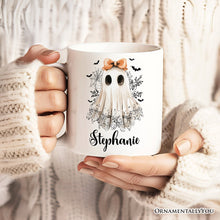Load image into Gallery viewer, Coquette Ghost Personalized Mug, Cute Halloween Gift with Custom Name