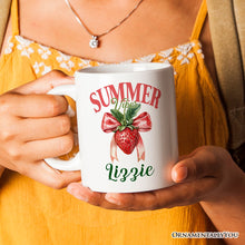 Carregar imagem no visualizador da galeria, Summer Vibes Strawberry Personalized Mug, White, Seasonal Coquette Gift with Custom Name