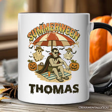 Carregar imagem no visualizador da galeria, Summerween Vampire Dracula Personalized Mug, Retro Halloween Beach Gift with Custom Name for Horror Spooky Summer Season