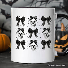 Cargar imagen en el visor de la galería, Coquette Skulls and Bows Personalized Mug, Gothic & Stylish Halloween Gift with Custom Name