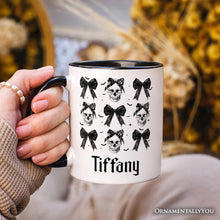 Cargar imagen en el visor de la galería, Coquette Skulls and Bows Personalized Mug, Gothic & Stylish Halloween Gift with Custom Name