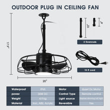 Carregar imagem no visualizador da galeria, 20 Inch Vistula Outdoor DC Motor Black Industrial Hanging Buckle Downrod Ceiling Fan with Light