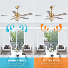 Carregar imagem no visualizador da galeria, 52" Ganga Modern Downrod Mount Reversible Crystal Ceiling Fan with Lighting and Remote Control