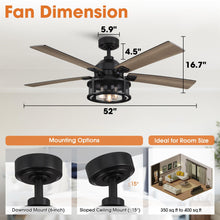 Carregar imagem no visualizador da galeria, 52" Lucknow Industrial Black Reversible Ceiling Fan with Lighting and Remote Control