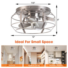 Carregar imagem no visualizador da galeria, 12" Flush Mount Low Profile Caged Small Ceiling Fan with Light and Remote Control