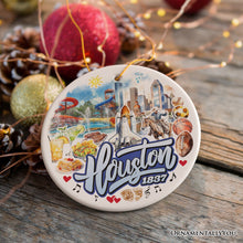 Load image into Gallery viewer, Artistic Houston Ceramic Ornament, Texas Souvenir with Vintage City Elements and Space Shuttle