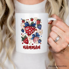 Carregar imagem no visualizador da galeria, Patriotic Boho Strawberries Bouquet Personalized Mug, 4th of July Gift with Custom Name
