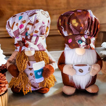 Cargar imagen en el visor de la galería, Cozy Artisanal Cafe Coffee Drinking Gnomes Set of Two, Rustic Bistro Decor Gift