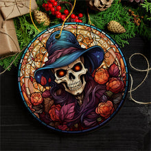 Load image into Gallery viewer, Elegant Skull with Blue Hat Stained Glass Style Ceramic Ornament, Halloween Themed Christmas Gift and Decor