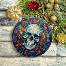 Carregar imagem no visualizador da galeria, Ghastly Grin Spooky Halloween Skull Stained Glass Style Ceramic Ornament, Halloween Themed Christmas Gift and Decor
