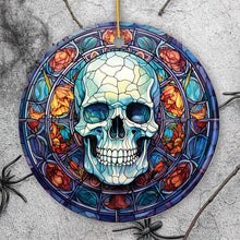 Carregar imagem no visualizador da galeria, Ghastly Grin Spooky Halloween Skull Stained Glass Style Ceramic Ornament, Halloween Themed Christmas Gift and Decor